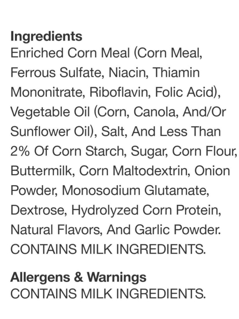 A list of ingredients for Funyuns.